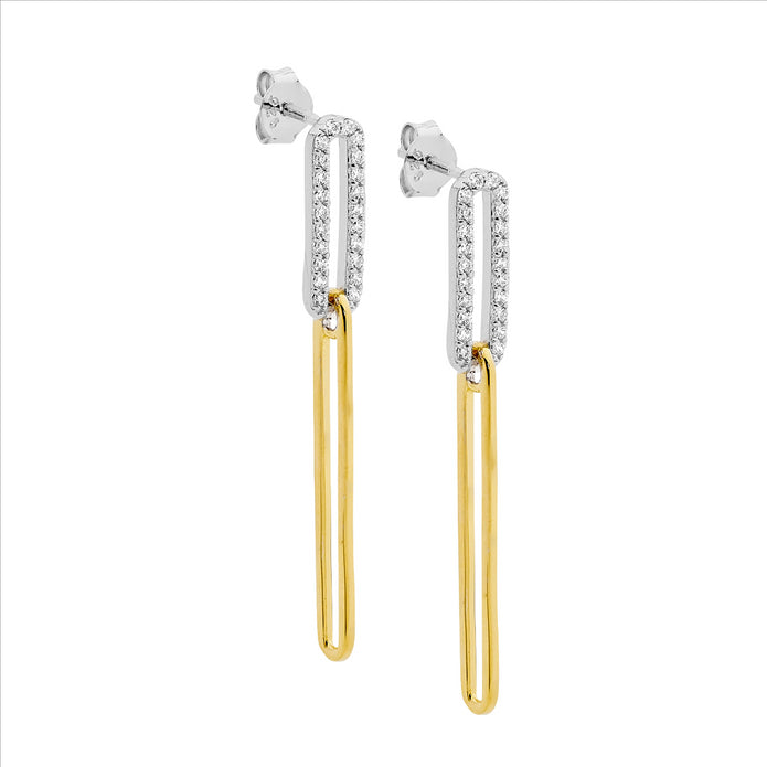 Ellani Sterling Silver Cz Open Oval Link Gp Drop Earrings