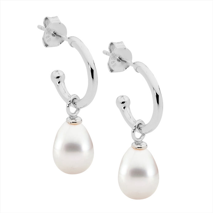 Ellani Sterling Silver Freshwater Pearl And 13mm Hoop Earrings
