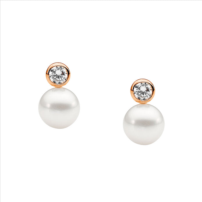 Ellani Sterling Silver Cz And 7mm Freshwater Pearl Rgp Earrings