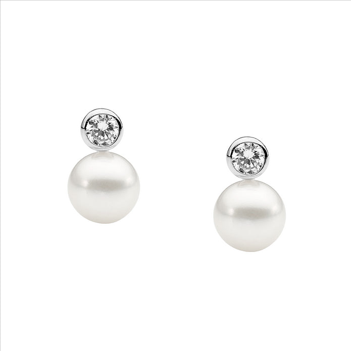 Ellani Sterling Silver Cz And 7mm Freshwater Pearl Earrings