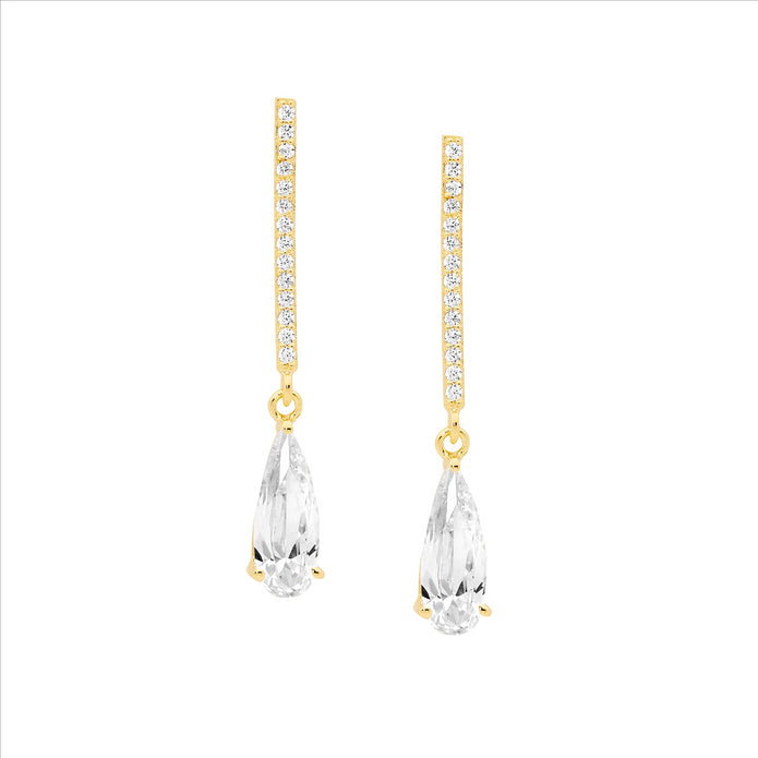 Ellani Sterling Silver Gp Cz Drop Bar Earrings