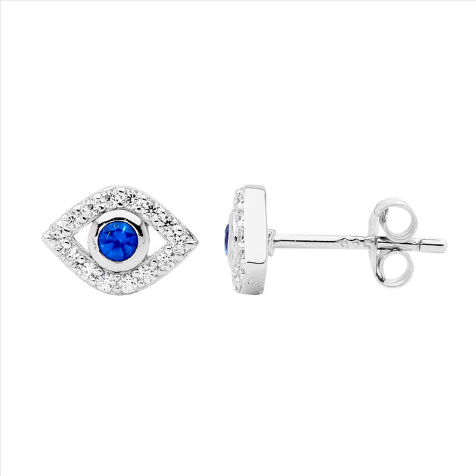 Ellani Sterling Silver Cz Evil Eye Stud Erarings