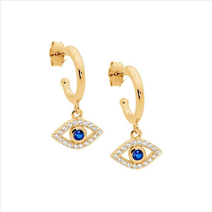 Ellani Sterling Silver Gp Cz Evil Eye Drop Earrings