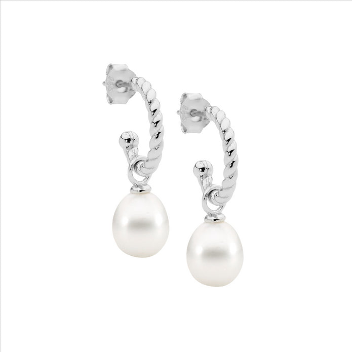Ellani Sterling Silver 13mm Twist Hoop And Freshwater Pearl Drop Earrings