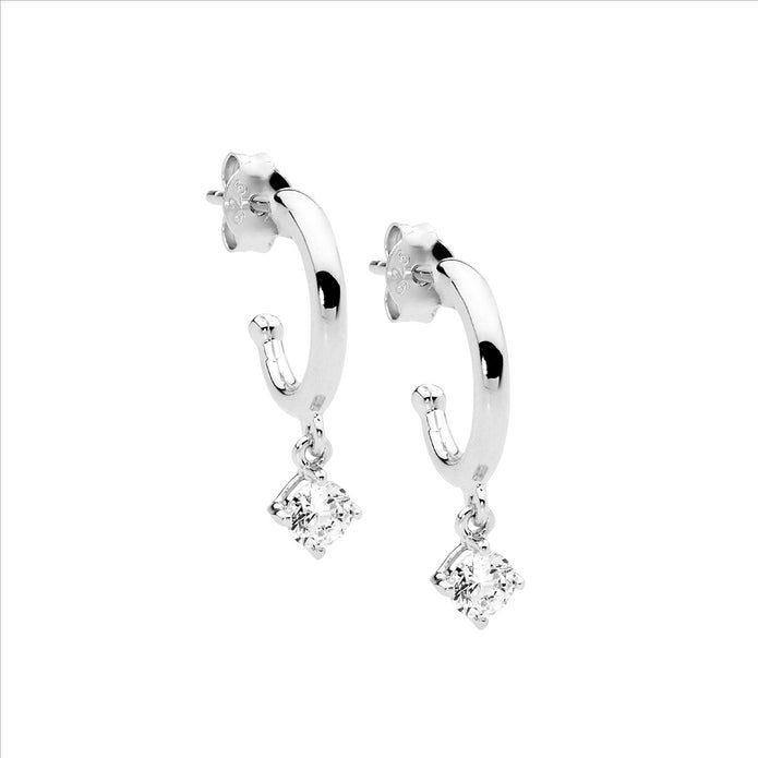 Ellani E580s Ellani Sterling Silver 13mm White Cz Hoop Drop Earrings.