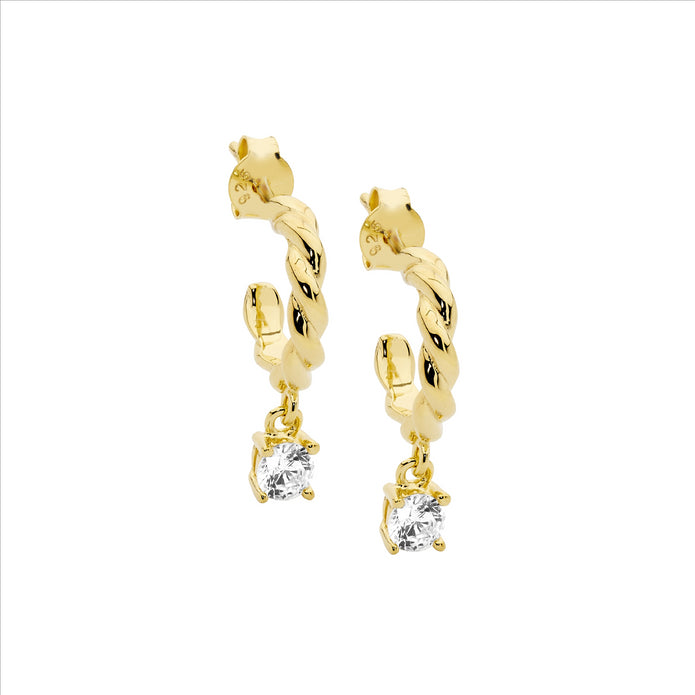 Ellani Sterling Silver Gp Cz 13mm Twist Hoop Drop Earrings