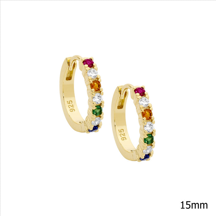 Ellani Sterling Silver Ygp 14mm Multi Coloured Cz Hoop Earrings