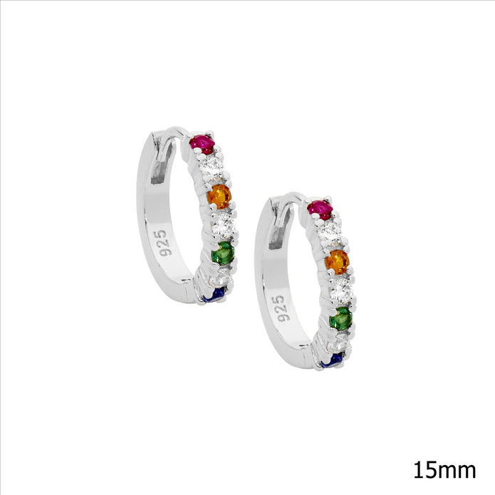 Ellani Sterling Silver 14mm Multi Coloured Cz Hoop Earrings