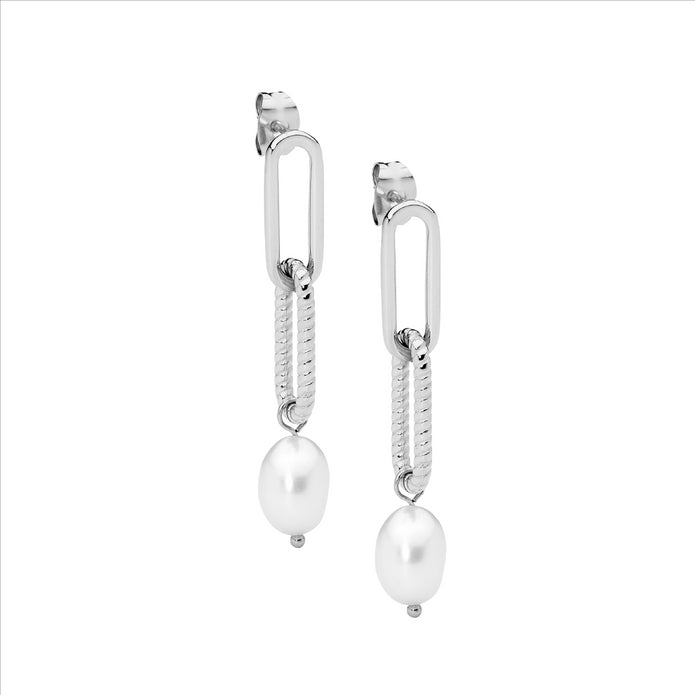 Ellani Stainless Steel Paperclip Freshwater Pearl Drop Earrings