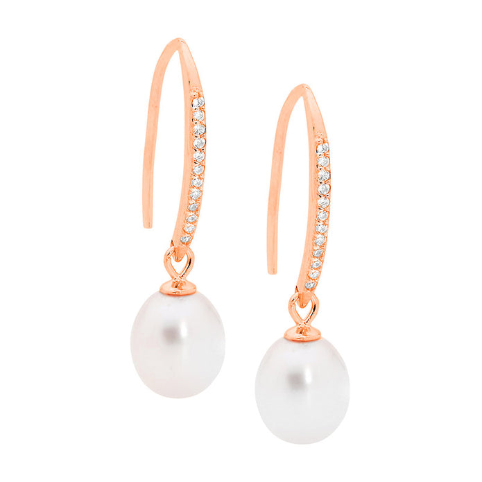Ellani Sterling Silver Rgp Cz Pearl Drop Earrings