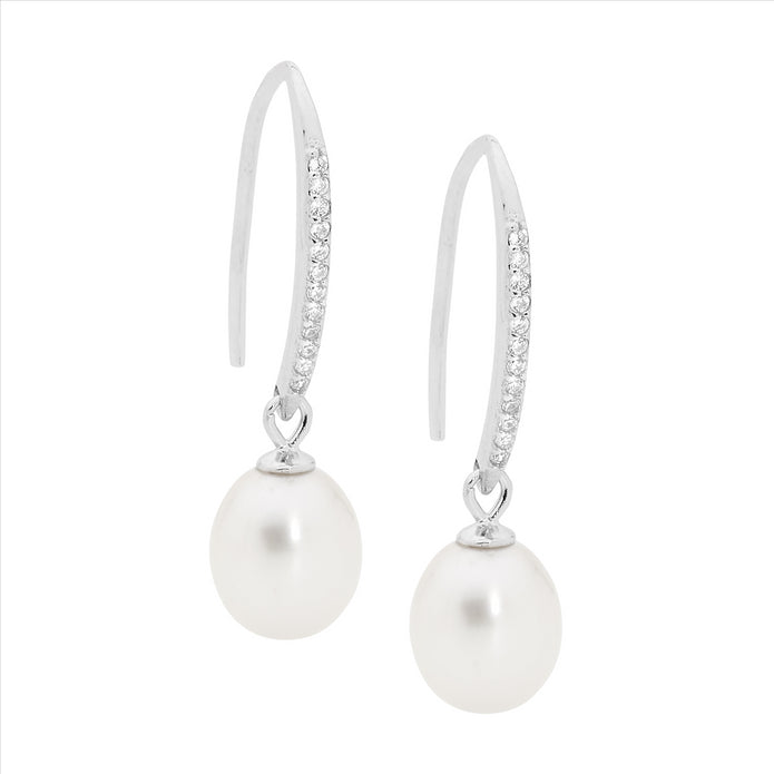 Ellani Sterling Silver Cz Pearl Drop Earrings