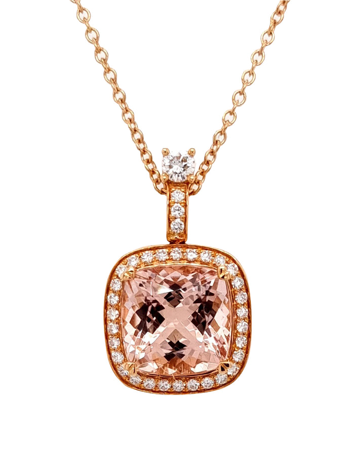 18ct Rose Gold Halo Morganite and Diamond Pendant