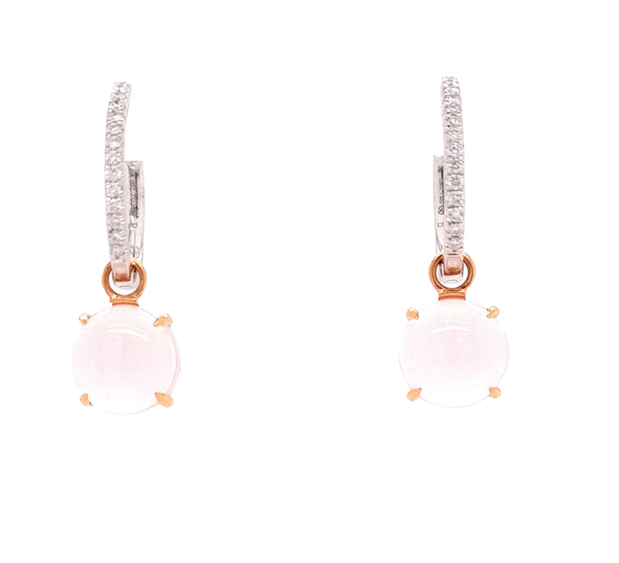 18ct Rose and White Gold Diamond and Pink Quartz Huggie Drop Earrings