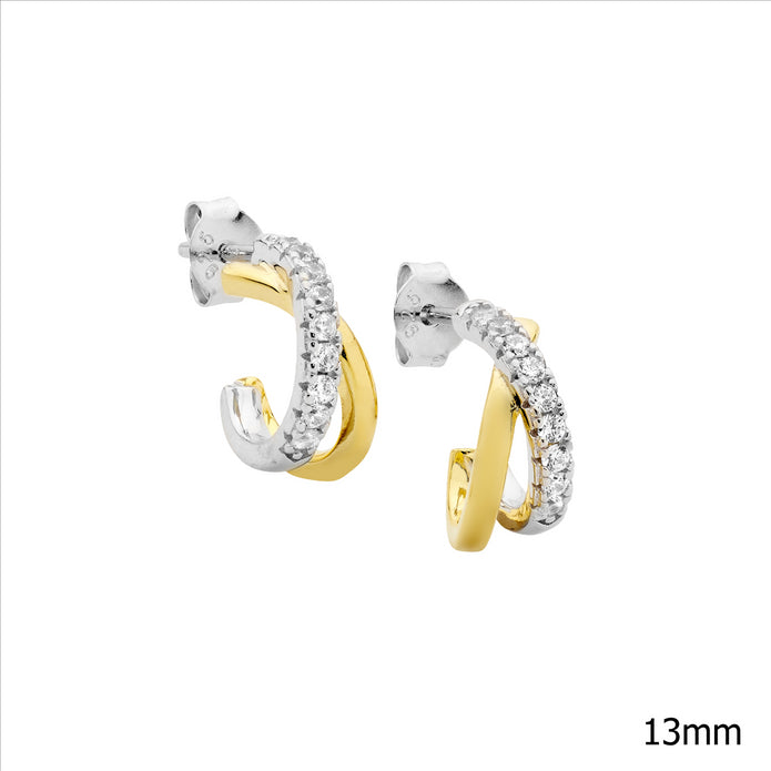 Sterling Silver GP CZ 13mm Cross Over Hoop Earrings