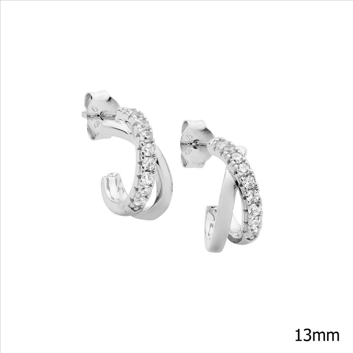 Sterling Silver CZ 13mm Cross Over Hoop Earrings