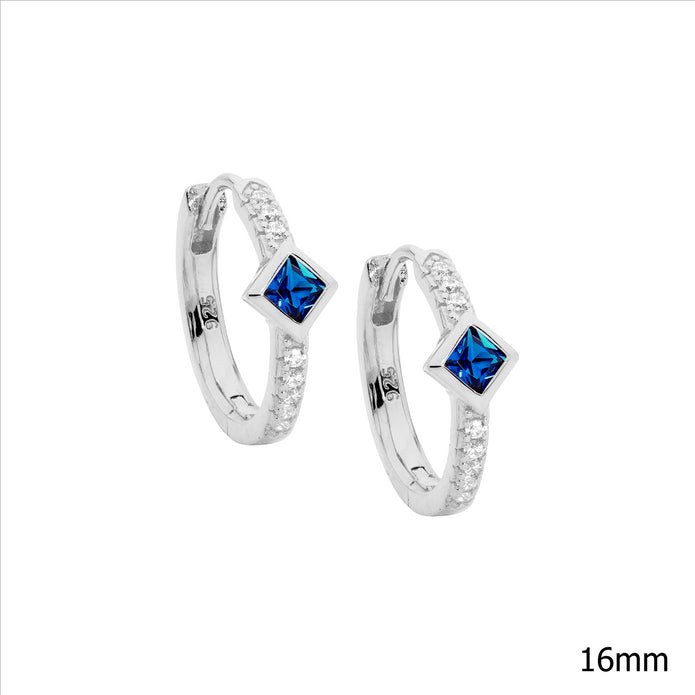 Sterling Silver Blue & White CZ's 16mm Hoop Earrings