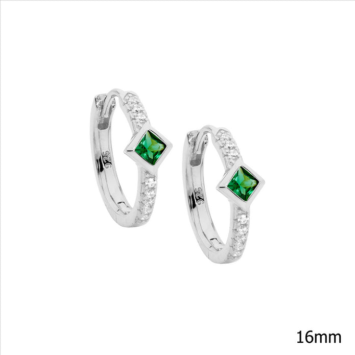 Sterling Silver Green CZ 16mm Hoop Earrings