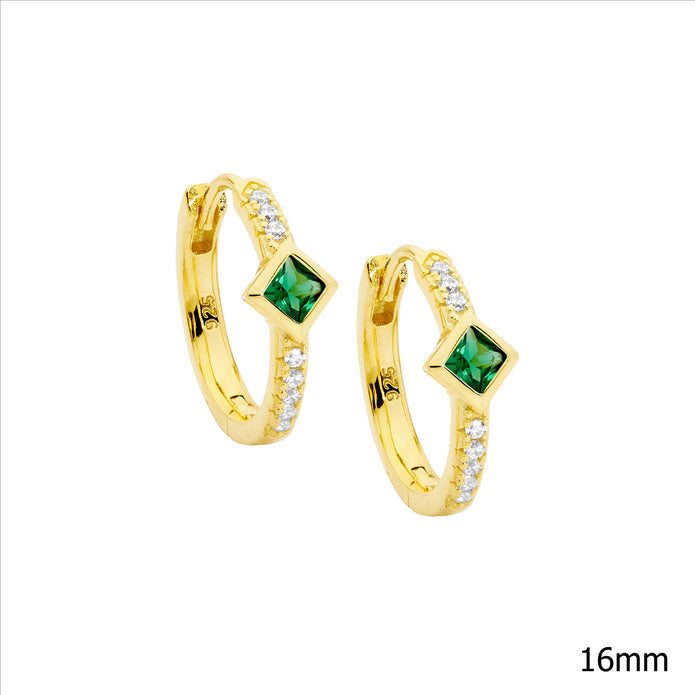 Sterling Silver GP 16mm Green & White CZ Hoop Earrings