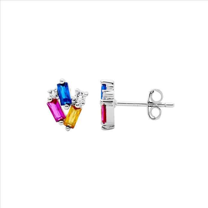 Sterling Silver Multi Coloured CZ Cluster Stud Earrings