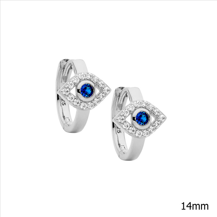 Sterling Silver 14mm CZ Evil Eye Hoop Earrings