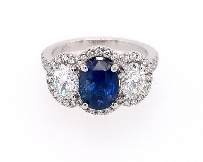 Platinum 3 Stone Sapphire And Diamond Halo Ring