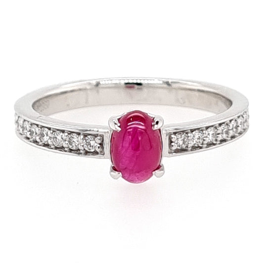 Platinum Oval Cabochon Cut Greenland Ruby And Diamond Ring