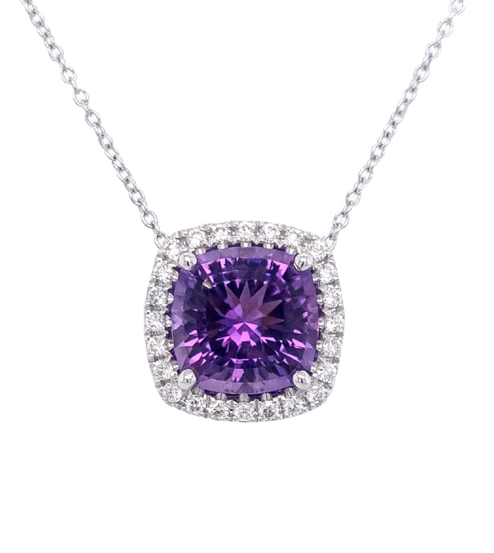 18ct White Gold Halo Amethyst And Diamond Pendant