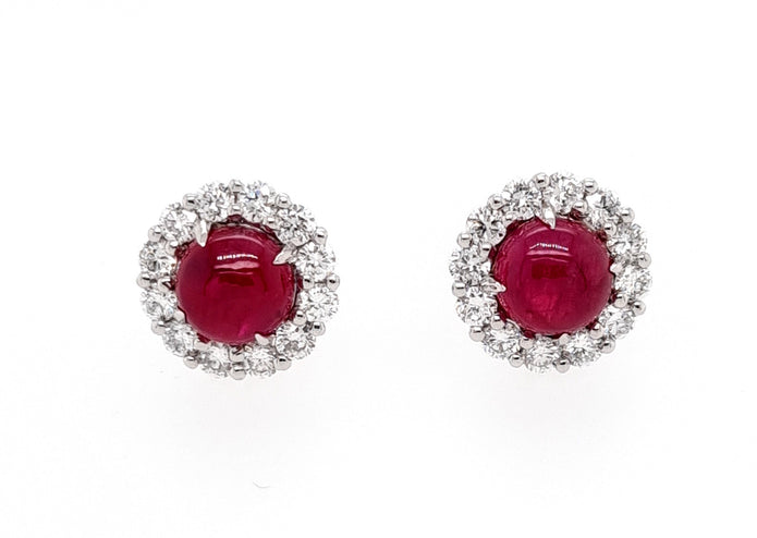 Platinum Diamond Earrings Four Claw Set With A Total Of Two Round Cabochon Greenland Rubies With A Total Carat Weight Of 1.49 Carats Colour Pinkish Re