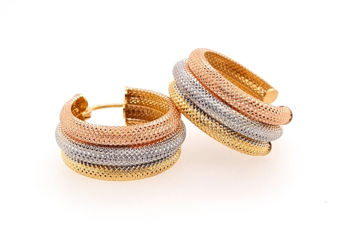 9ct 3-tone Gold Italian Hoop Earrings