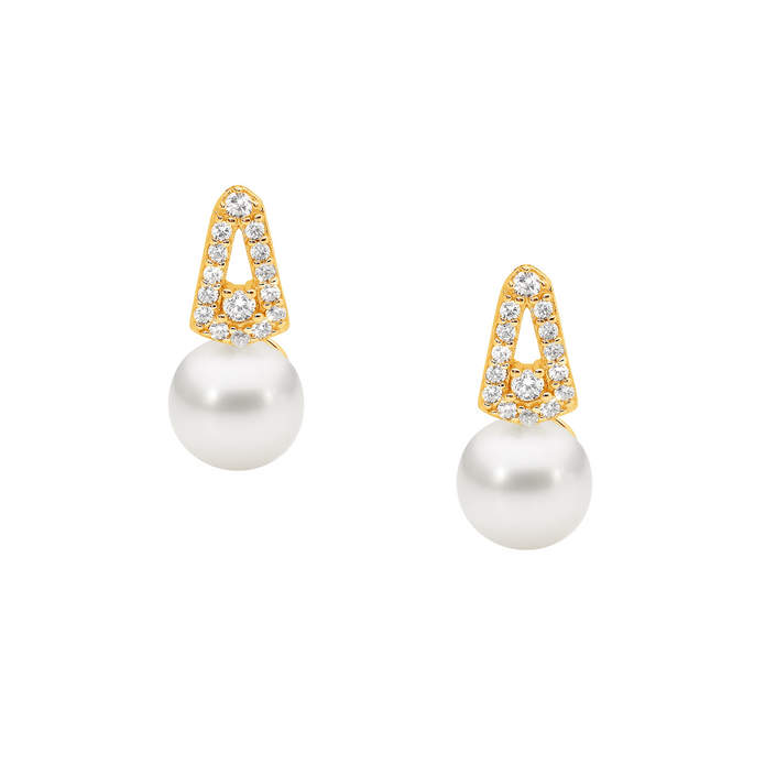 Ellani Sterling Silver Ygp White Cz V Freshwater Pearl Stud Earrings