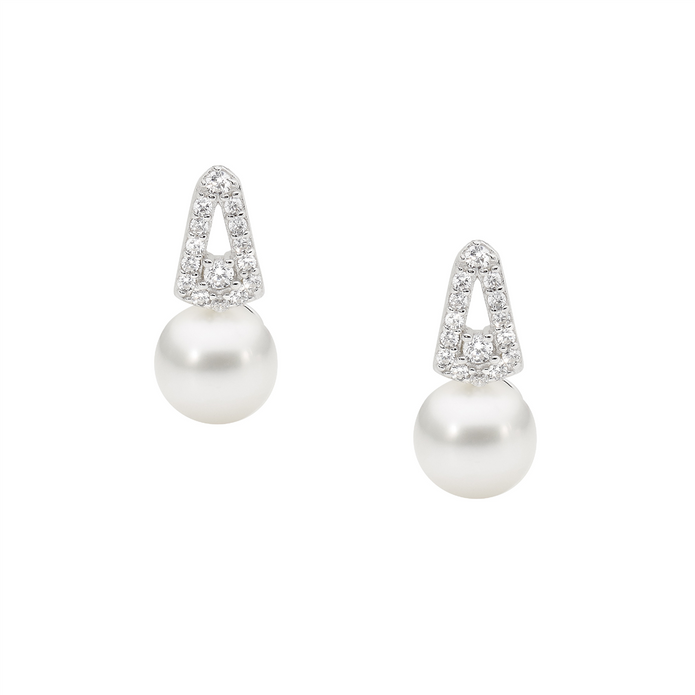 Ellani Sterling Silver White Cz V Freshwater Pearl Stud Earrings