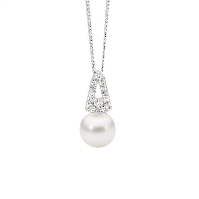 Ellani Sterling Silver White Cz V Freshwater Pearl Pendant