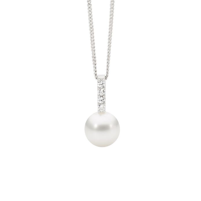 Ellani Sterling Silver White Cz Drop Bar Freshwater Pearl Pendant