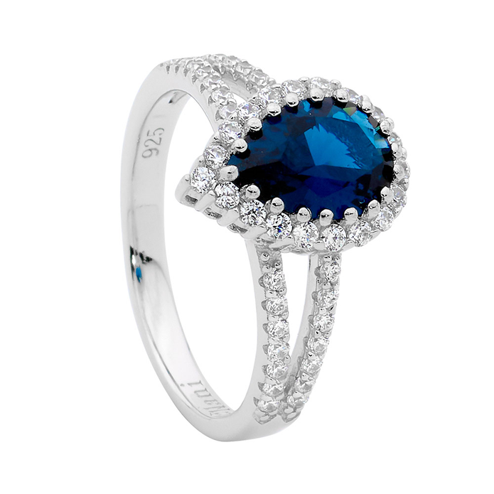 Ellani Sterling Silver Cz Pear Halo Ring