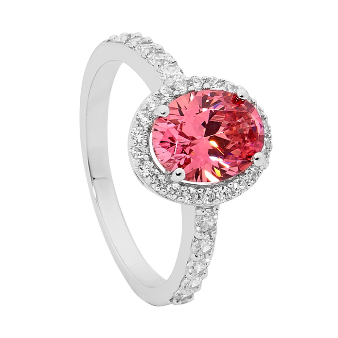 Ellani Ss Fancy Pink Cz Oval W/ Wh Cz Surround & Band Ring - Rrp $119 - S7