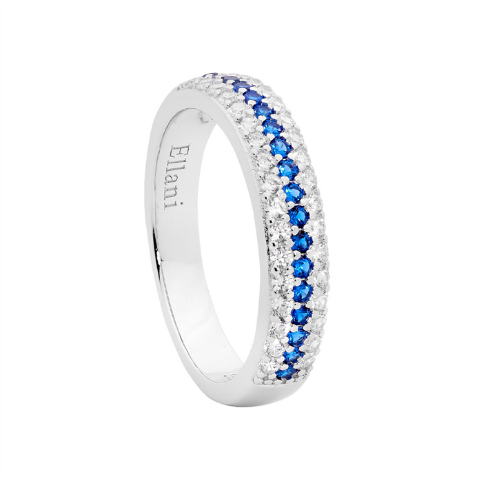 Ellani Sterling Silver White And Dark Blue 3 Row Cz Ring