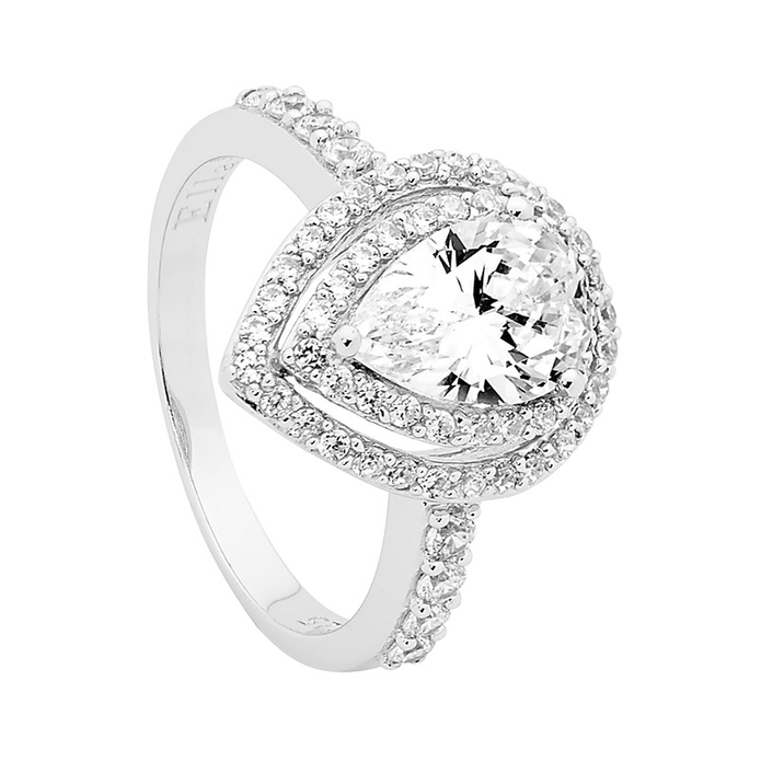 Ellani Sterling Silver White Pear Cz Double Halo Ring
