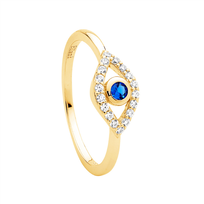 Ellani R509g Ellani Sterling Silver Gold Plated Cz Evil Eye Ring.