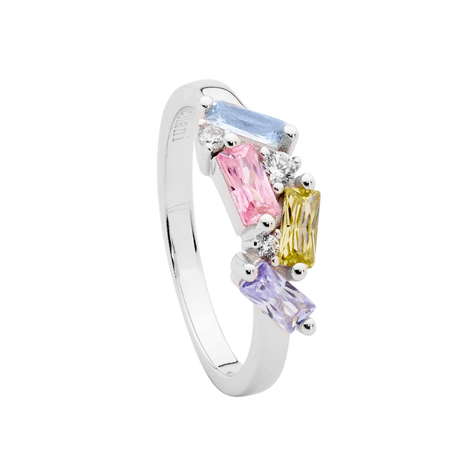 Ellani Sterling Silver Multi Coloured Cz Cluster Ring