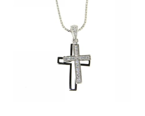 Ellani Sterling Silver Double Cross Cz Pendant