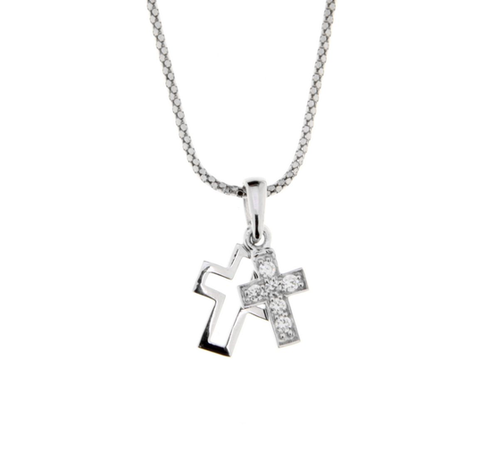 Ellani Sterling Silver Small Cz Double Cross Pendant