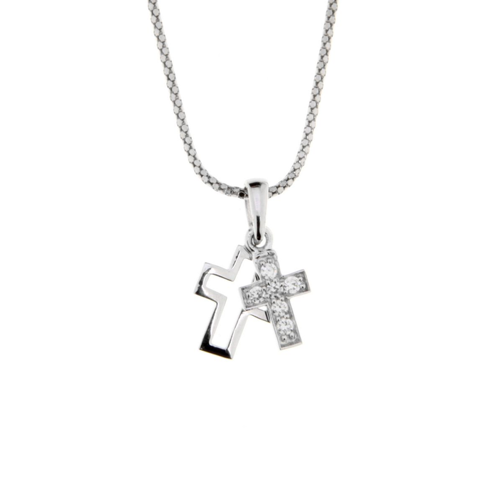 Ellani Sterling Silver Small Cz Double Cross Pendant