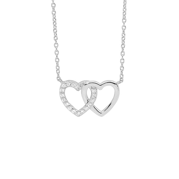 Ellani Sterling Silver Cz Double Heart Linked Pendant