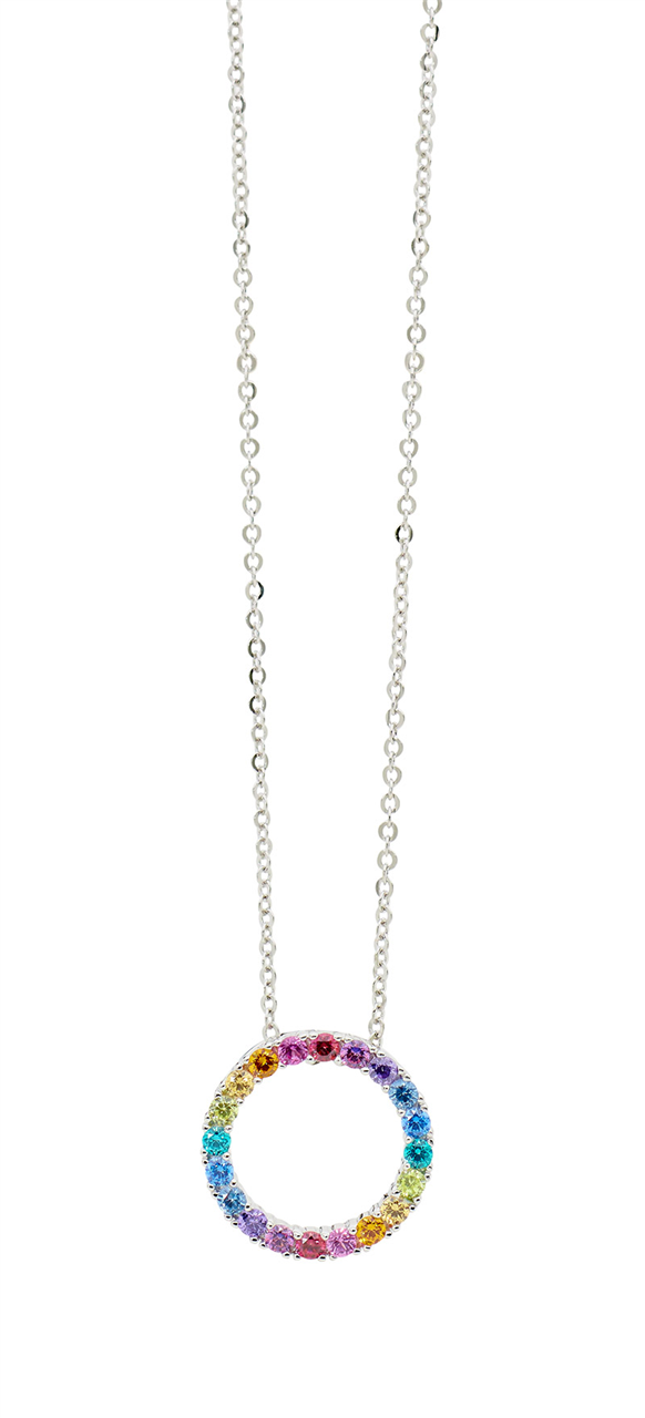 Ellani Sterling Silver Multi Coloured Cz Open Circle Pendant