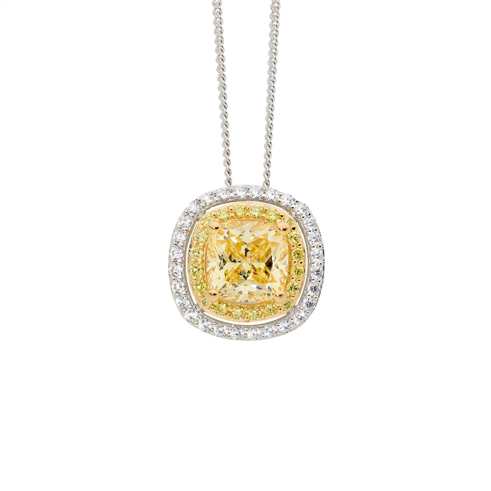 Ellani Ss Wh & Yellow Cz Dbl Halo Cushion Cut Pendant W/ Gold Plating - Rrp $119