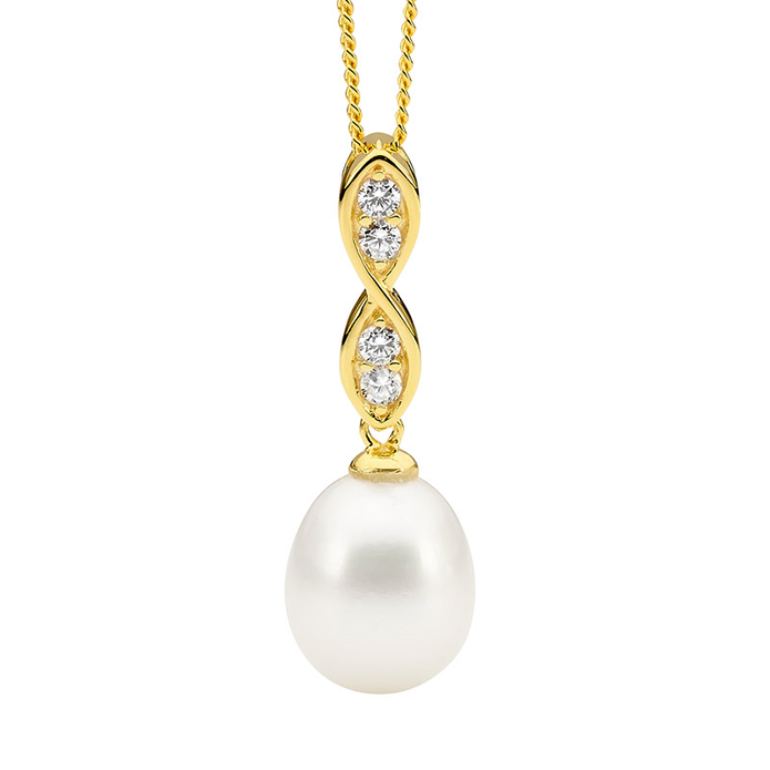 Ellani Sterling Silver Gp Cz Twist And Freshwater Pearl Drop Pendant