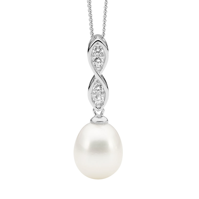 Ellani Sterling Silver Cz Twist And Freshwater Pearl Drop Pendant