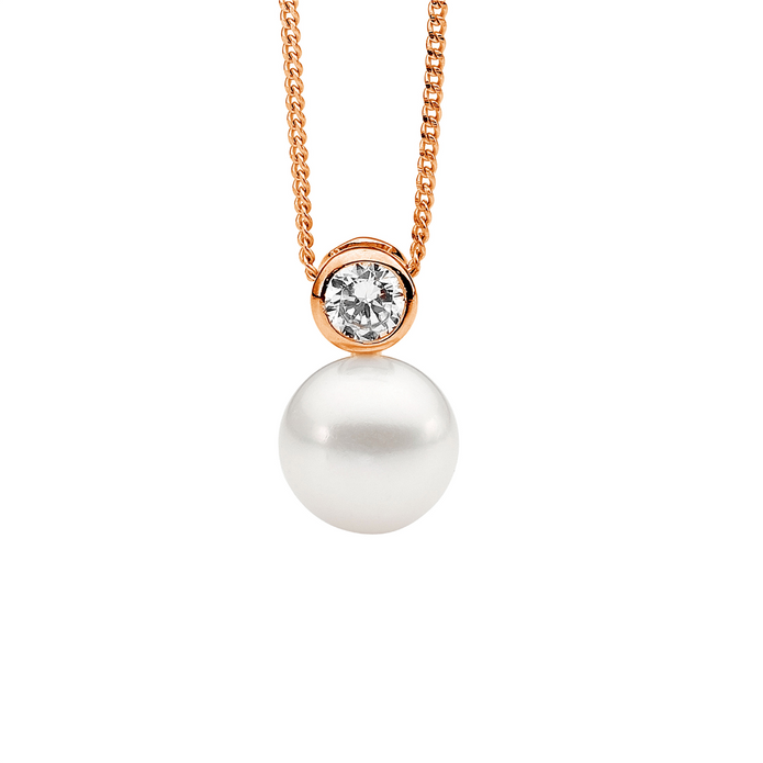 Ellani Sterling Silver Rgp Cz And Freshwater Pearl Pendant