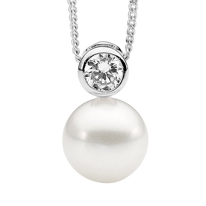 Ellani Sterling Silver Cz And Freshwater Pearl Pendant