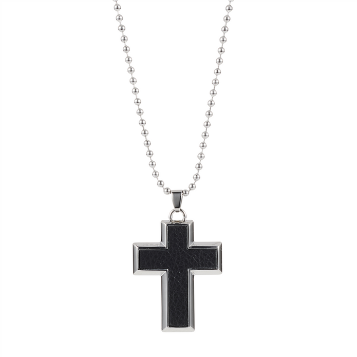 Stainless Steel And Leather Inlay Cross Pendant